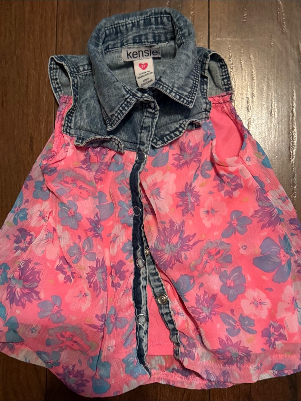 Kensie Pink Floral Chiffon Tank with Denim Collar
